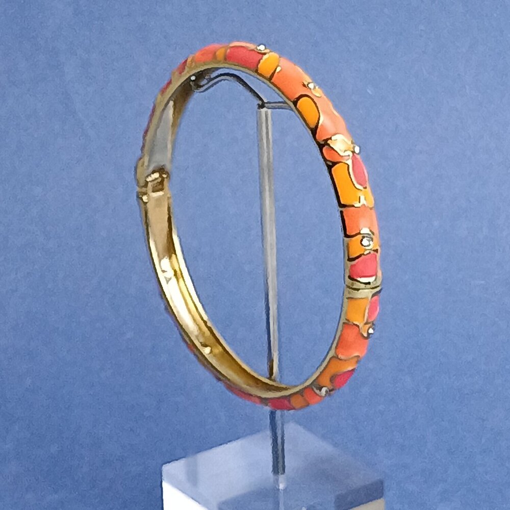 Abstract Cow Pattern Rhinestone Multi Orange Enamel Hinge Bangle Skinny Bracele…